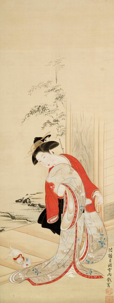 Schöne Frau spielt mit Katze von Tsukioka Masanobu Settei